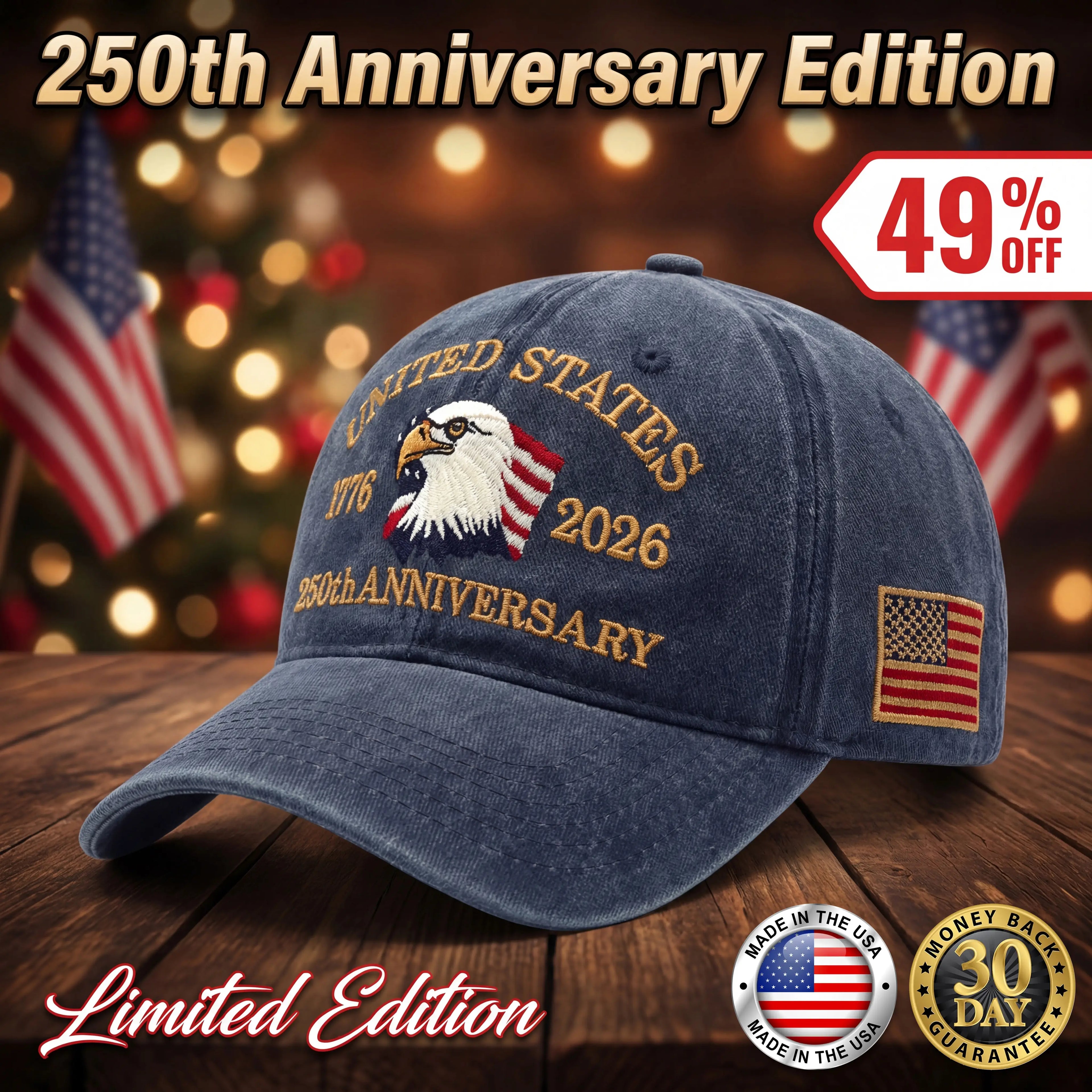 🔥 Gorra de edición limitada del 250.º aniversario de Estados Unidos. Posee un pedazo de historia: ¡49% DE DESCUENTO hoy!