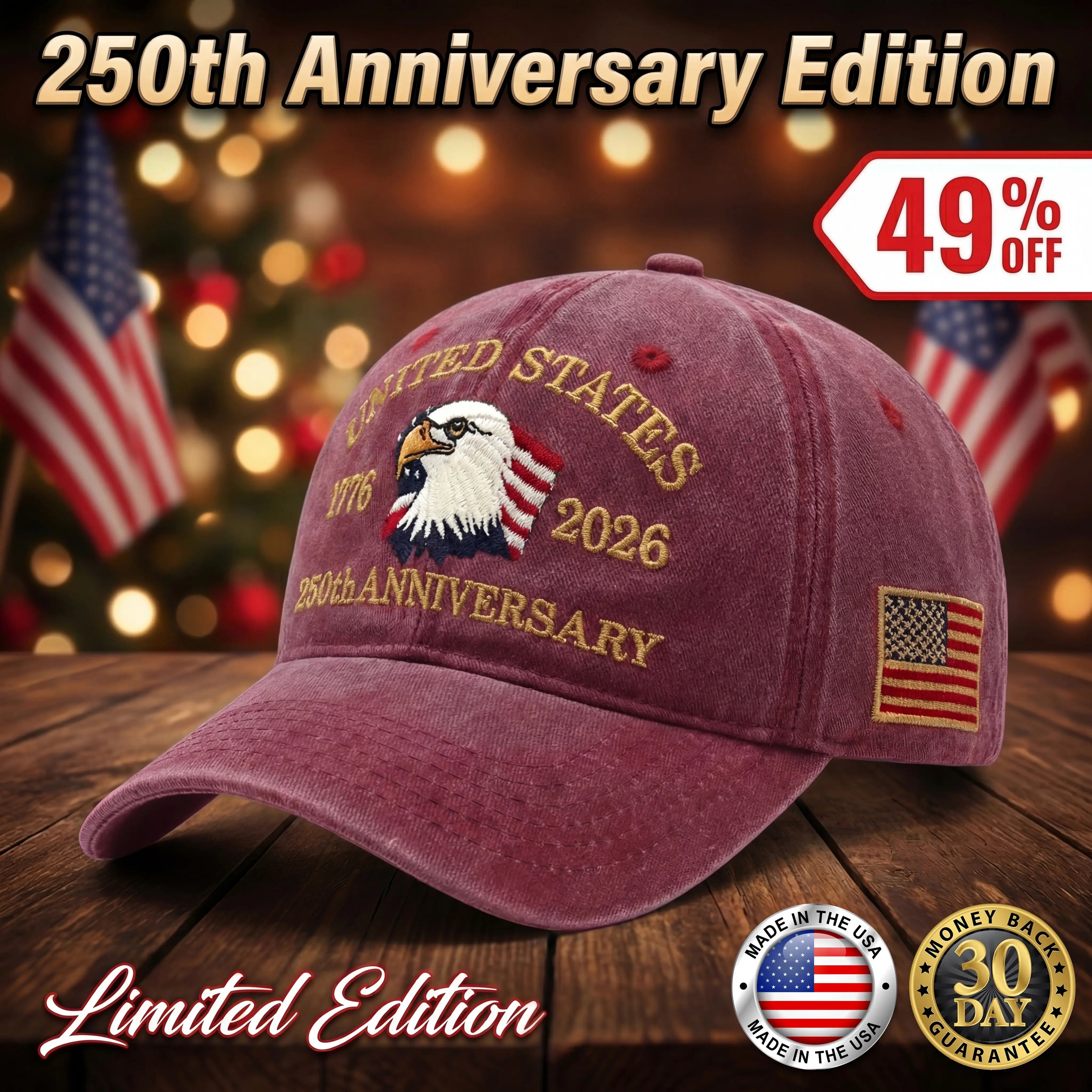 🔥 Gorra de edición limitada del 250.º aniversario de Estados Unidos. Posee un pedazo de historia: ¡49% DE DESCUENTO hoy!