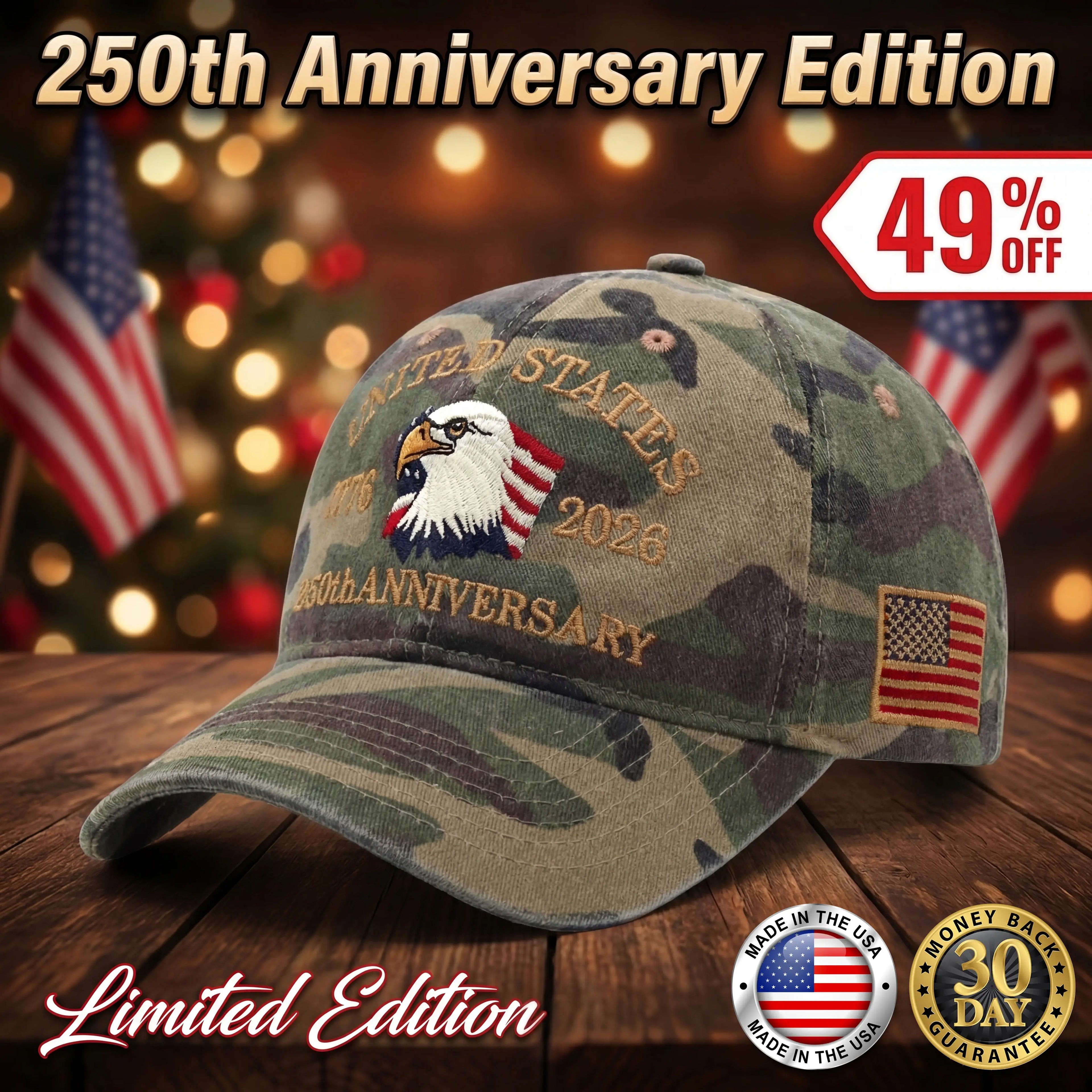 🔥 Gorra de edición limitada del 250.º aniversario de Estados Unidos. Posee un pedazo de historia: ¡49% DE DESCUENTO hoy!
