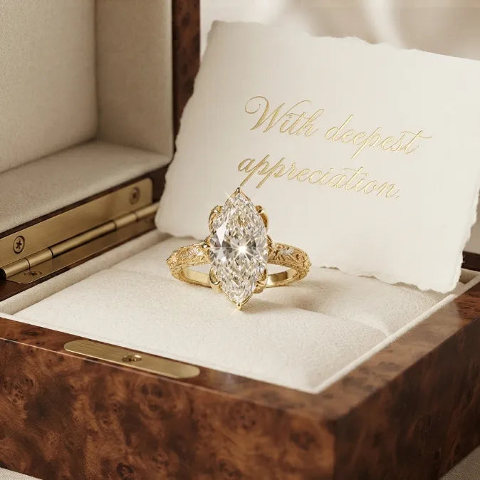 Brilliant 4-Carat Marquise Solitaire Ring with Vintage Floral Setting | Comfortable Everyday Elegance & Sparkle