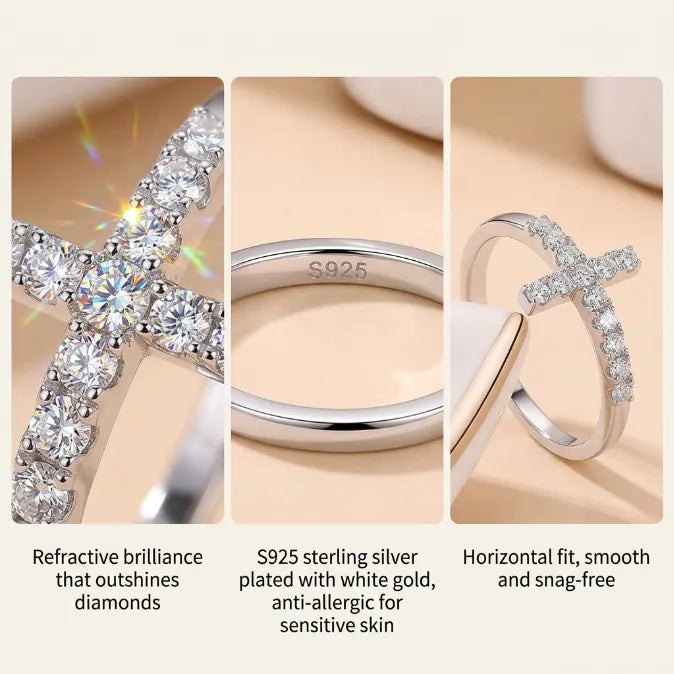 Moissanite Sideways Cross Ring in 925 Sterling Silver | Hypoallergenic Everyday Faith Jewelry